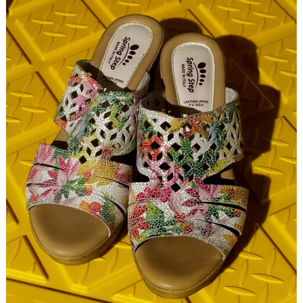 Spring Step Multicolor Leather Cutout Wedge Sandals Size 38/8 Made‎ in Italy - Picture 2 of 6